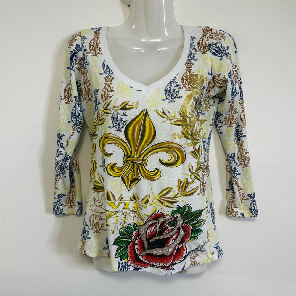 Y2K Christian Audigier Graphic Rhinstone Rose 3/4 Sleeve V Neck T Shirt